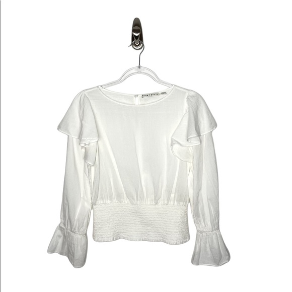 alice + olivia | Laya Blouson Sleeve Ruffle Blouse Off White Cotton Small - Picture 6 of 7